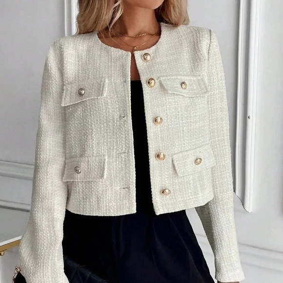 Apricot Elegant Women's Solid Color Tweed Jacket - Picture 4 of 4